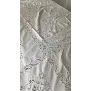 Paire longs rideaux anciens filet brodé époque Art Nouveau 2 x