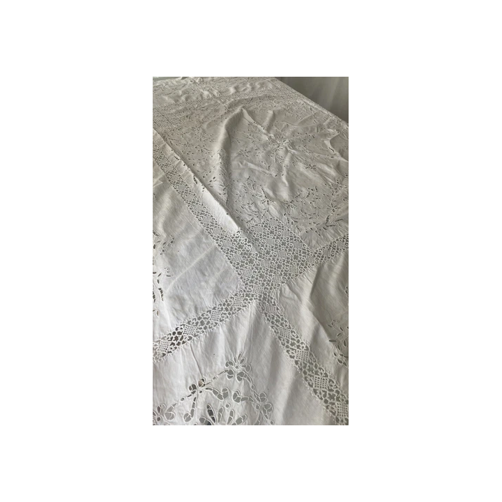 Paire longs rideaux anciens filet brodé époque Art Nouveau 2 x