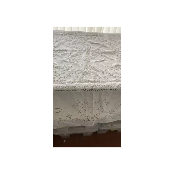 Paire longs rideaux anciens filet brodé époque Art Nouveau 2 x