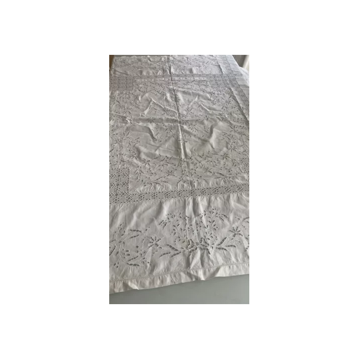 Paire longs rideaux anciens filet brodé époque Art Nouveau 2 x