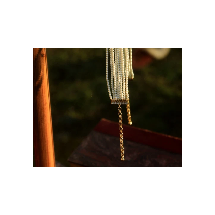 Collier Long Sautoir Pendentif Doré Feuille Ginkgo Perle Blanc 