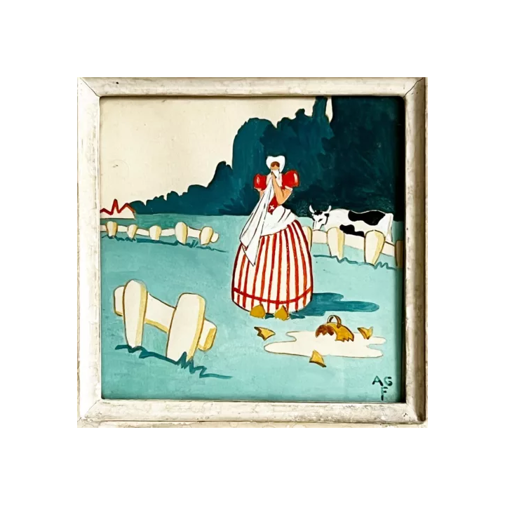 NOUVELLE ANNONCEBeau Dessin Cubisme 1960 Corbeille Fruit Signé 